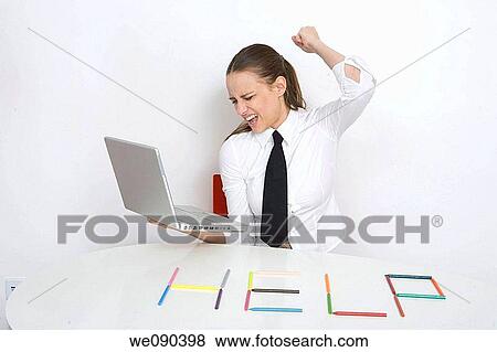 Stock Photo - Woman Spelling Out Help and destroy laptop. Fotosearch