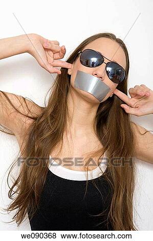 Woman with Tape Over Mouth View Large Photo Image Stock Photo - Woman with Tape Over Mouth. Fotosearch