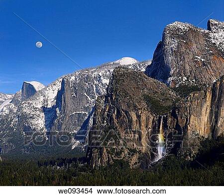 Yosemite Valley from Tunnel View with Half Dome moon and rainbow on Bridalveil Fall View Large Photo Image Picture - Yosemite Valley from Tunnel View with Half Dome moon and rainbow on Bridalveil Fall. Fotosearch
