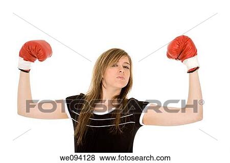 Young Caucasian woman in red boxing gloves showing a sign of victory View Large Photo Image Stock Photo - Young Caucasian woman in red boxing gloves showing a sign of victory. Fotosearch