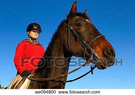 Stock Image - Young female rider in red jacket riding a horse against a blue sky. Fotosearch