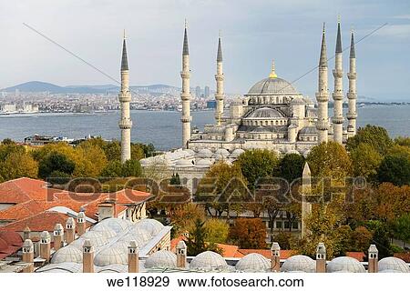 Blue Mosque and Madrasa on European side with Asian side of Istanbul Turkey over the Bosphorus View Large Photo Image Stock Photo - Blue Mosque and Madrasa on European side with Asian side of Istanbul Turkey over the Bosphorus. Fotosearch