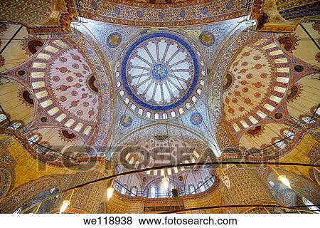 Ceiling of the Blue Mosque Istanbul Turkey with Iznik tiles and stained glass windows View Large Photo Image Stock Photo - Ceiling of the Blue Mosque Istanbul Turkey with Iznik tiles and stained glass windows. Fotosearch