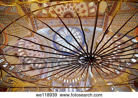 Ceiling of the Blue Mosque Istanbul Turkey seen through wrought iron star chandelier View Large Photo Image Stock Photo - Ceiling of the Blue Mosque Istanbul Turkey seen through wrought iron star chandelier. Fotosearch