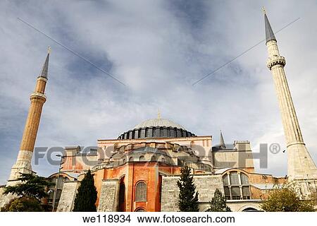Picture - Earlier two minarets of the ancient Hagia Sophia in Istanbul Turkey. Fotosearch