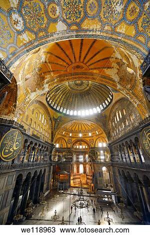 Golden domes frescoe and crooked Qiblah wall inside the Hagia Sophia with wood pendants View Large Photo Image Stock Image - Golden domes frescoe and crooked Qiblah wall inside the Hagia Sophia with wood pendants. Fotosearch