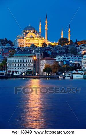 Lights of Suleymaniye Mosque Istanbul reflected at dawn on Golden Horn water View Large Photo Image Stock Photo - Lights of Suleymaniye Mosque Istanbul reflected at dawn on Golden Horn water. Fotosearch