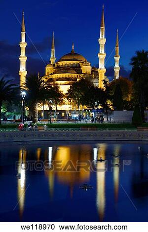 lights on Blue Mosque at dusk with reflections in fountain Istanbul Turkey View Large Photo Image Stock Image - lights on Blue Mosque at dusk with reflections in fountain Istanbul Turkey. Fotosearch