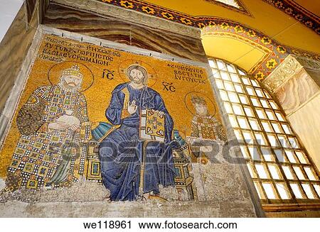 Mosaic on upper level of Hagia Sophia of Christ with Constantine Monomachus and Empress Zoe with offerings View Large Photo Image Stock Image - Mosaic on upper level of Hagia Sophia of Christ with Constantine Monomachus and Empress Zoe with offerings. Fotosearch