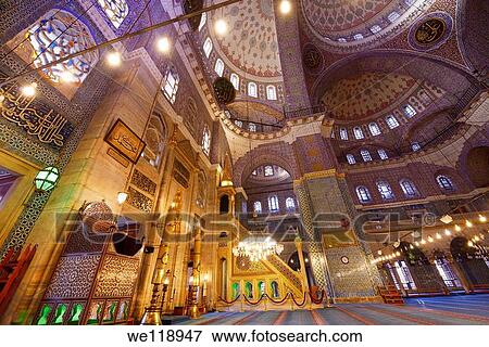 Preachers pulpit Mihrab and Minbar with Iznik tile ceiling of the empty New Mosque Istanbul View Large Photo Image Stock Photo - Preachers pulpit Mihrab and Minbar with Iznik tile ceiling of the empty New Mosque Istanbul. Fotosearch