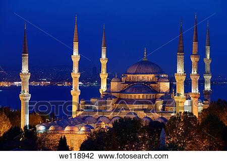 Six minarets of the Blue Mosque lit at twilight on the Bosphorus Sultanahmet Istanbul Turkey View Large Photo Image Stock Image - Six minarets of the Blue Mosque lit at twilight on the Bosphorus Sultanahmet Istanbul Turkey. Fotosearch