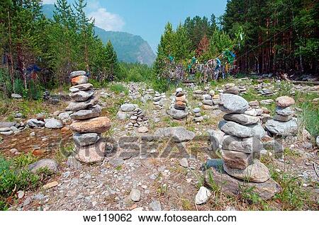 Stock Image - Stones of fulfillment of desires, stone garden Arshan, Tunkinsky District, Republic of Buryatia, Siberia, Russian Federation. Fotosearch