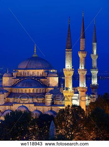 Three minarets of the lit Blue Mosque at dusk on the Bosphorus Sultanahmet Istanbul Turkey View Large Photo Image Stock Image - Three minarets of the lit Blue Mosque at dusk on the Bosphorus Sultanahmet Istanbul Turkey. Fotosearch