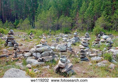 Stock Image - Stones of fulfillment of desires, stone garden Arshan, Tunkinsky District, Republic of Buryatia, Siberia, Russian Federation. Fotosearch