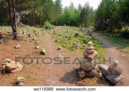 Stock Photo - Stones of fulfillment of desires, stone garden Arshan, Tunkinsky District, Republic of Buryatia, Siberia, Russian Federation. Fotosearch