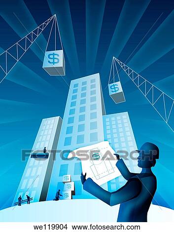 Architect holding a blueprint at a construction site View Large Photo Image Picture - Architect holding a blueprint at a construction site. Fotosearch