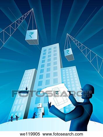 Stock Photography - Architect holding a blueprint at a construction site. Fotosearch