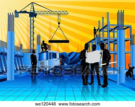 Stock Photo - Architects discussing the blueprint at construction site. Fotosearch