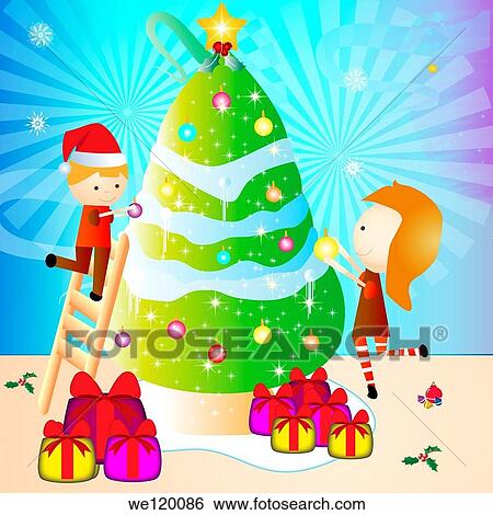 Boy and a girl decorating a Christmas tree View Large Photo Image Stock Photograph - Boy and a girl decorating a Christmas tree. Fotosearch