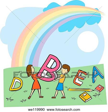 Boy and a girl playing with alphabets with a rainbow in the sky View Large Photo Image Stock Image - Boy and a girl playing with alphabets with a rainbow in the sky. Fotosearch