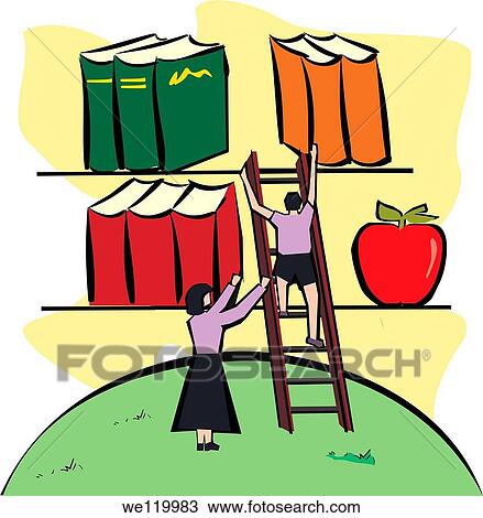 Stock Image - Boy climbing a ladder to reach books. Fotosearch