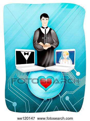 Stock Photo - Bride and groom with officiate during online marriage. Fotosearch