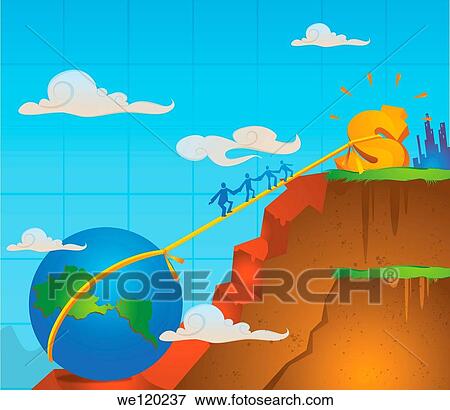 Stock Photo - Business executives walking on rope tied between globe and a dollar sign. Fotosearch