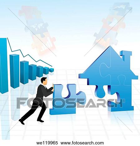 Businessman arranging jigsaw puzzle pieces to build a house View Large Photo Image Stock Photography - Businessman arranging jigsaw puzzle pieces to build a house. Fotosearch