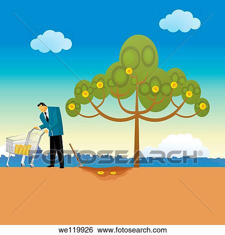 Businessman carrying coins in a shopping cart near a money tree View Large Photo Image Stock Photograph - Businessman carrying coins in a shopping cart near a money tree. Fotosearch