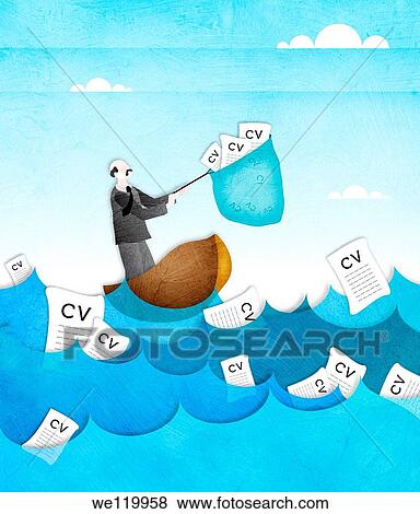 Businessman catching resume from the sea with a fishing net View Large Photo Image Stock Photo - Businessman catching resume from the sea with a fishing net. Fotosearch