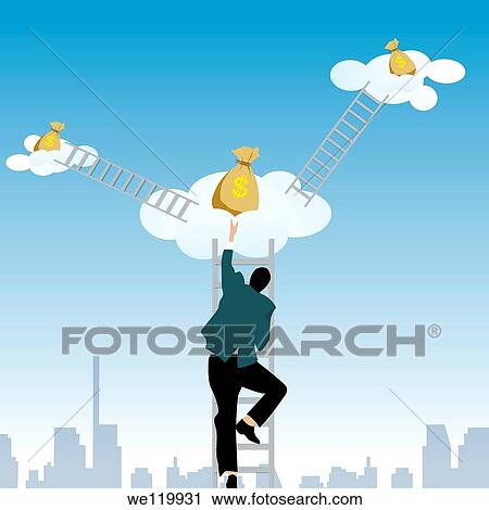 Stock Image - Businessman climbing on step ladder to get money bags from clouds. Fotosearch