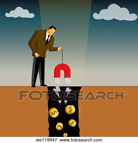 Stock Photo - Businessman extracting money from a mine using a magnet. Fotosearch