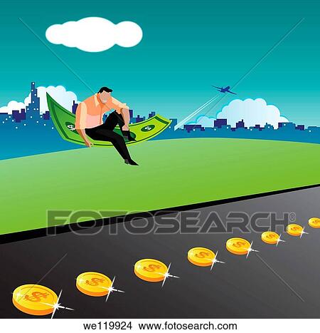 Picture - Businessman flying in a dollar carpet. Fotosearch