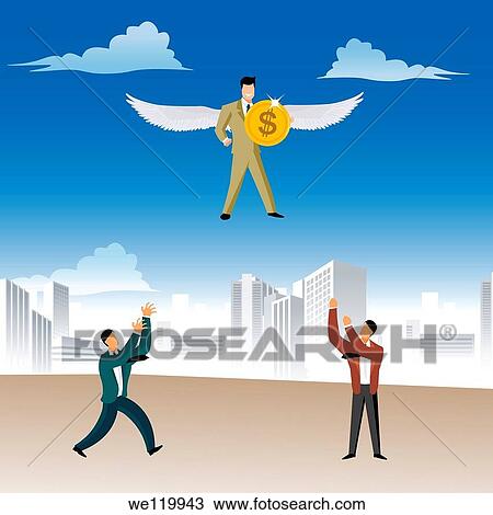 Stock Image - Businessman flying with a coin with two businessmen catching him. Fotosearch
