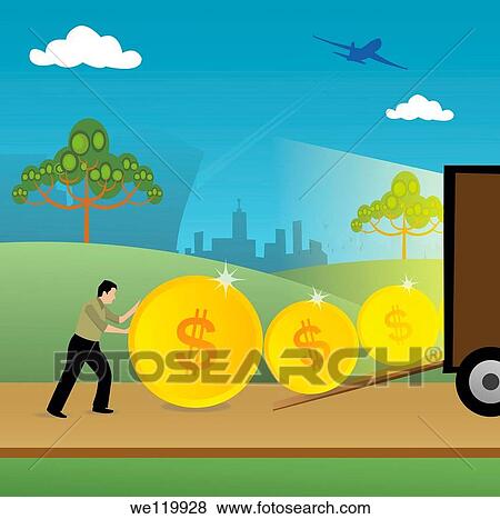 Businessman loading coins in a truck View Large Photo Image Stock Photo - Businessman loading coins in a truck. Fotosearch