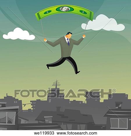 Stock Image - Businessman paragliding over a city. Fotosearch