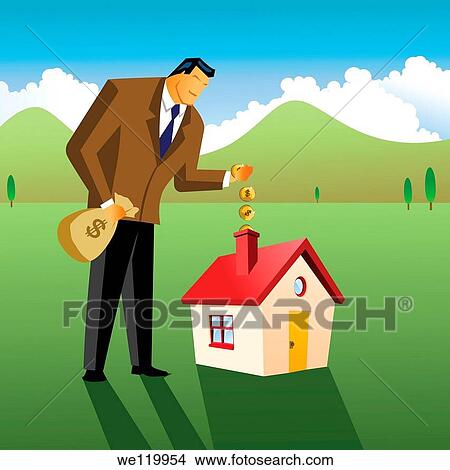 Businessman putting money into a model home View Large Photo Image Picture - Businessman putting money into a model home. Fotosearch