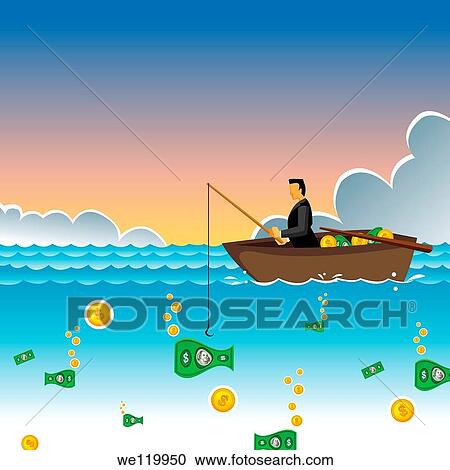 Businessman sitting in a boat and catching money by a fishing rod View Large Photo Image Stock Image - Businessman sitting in a boat and catching money by a fishing rod. Fotosearch