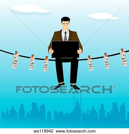 Businessman sitting on a clothesline and using a laptop View Large Photo Image Stock Image - Businessman sitting on a clothesline and using a laptop. Fotosearch