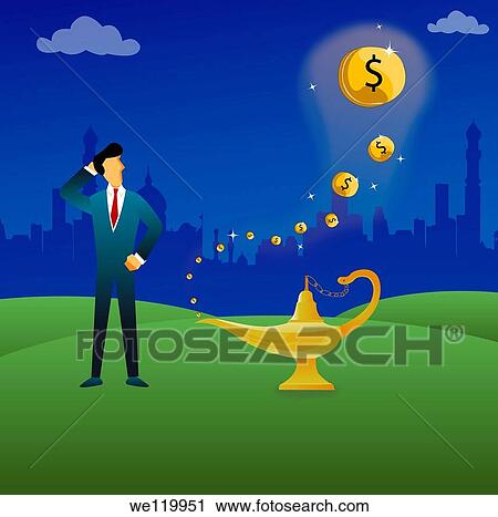 Businessman standing next to a magical lamp View Large Photo Image Stock Image - Businessman standing next to a magical lamp. Fotosearch