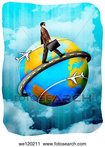 Businessman walking around a globe with a briefcase View Large Photo Image Stock Image - Businessman walking around a globe with a briefcase. Fotosearch