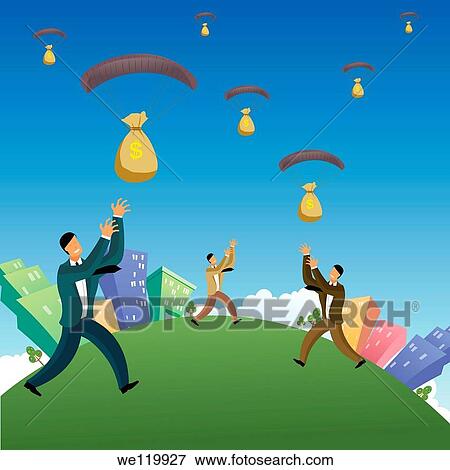 Businessmen catching money bags falling from the sky View Large Photo Image Stock Photo - Businessmen catching money bags falling from the sky. Fotosearch
