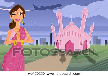 Stock Image - Cabin crew in front of a mausoleum, Taj Mahal, Agra, Uttar Pradesh, India. Fotosearch