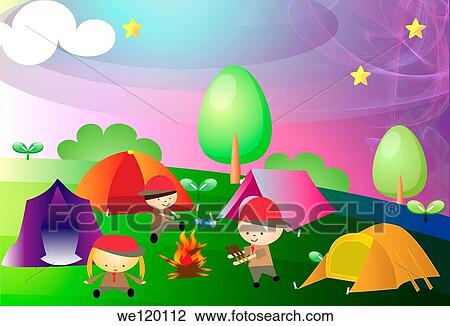 Stock Image - Campfire at a scout camp. Fotosearch