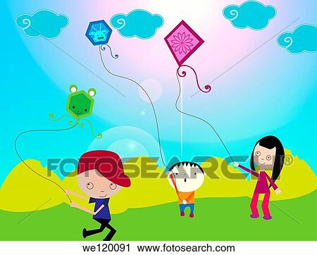 Children flying kites in a field View Large Photo Image Stock Image - Children flying kites in a field. Fotosearch