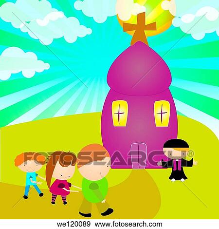 Children going to the church View Large Photo Image Stock Photo - Children going to the church. Fotosearch