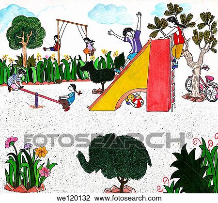 Stock Image - Children playing in a park. Fotosearch