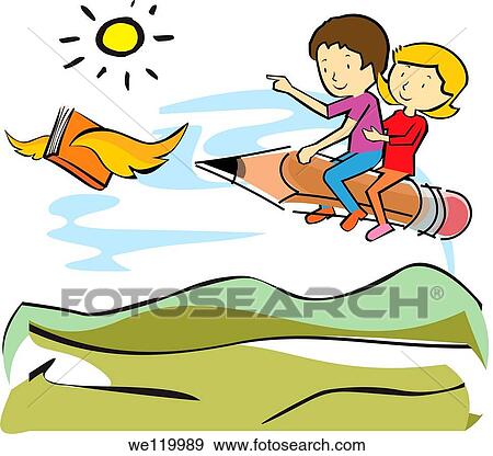 Children riding a pencil flying behind a book View Large Photo Image Stock Photo - Children riding a pencil flying behind a book. Fotosearch
