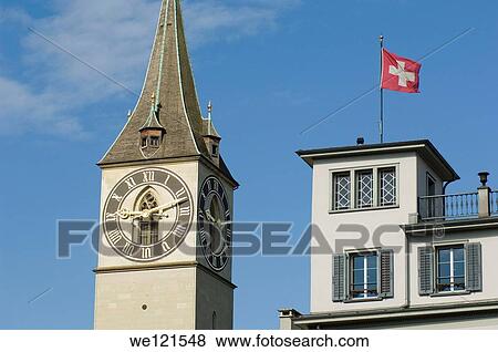 Stock Photo - Clock tower, Zurich, Switzerland. Fotosearch