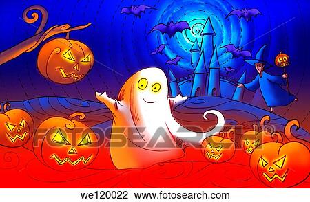 Stock Image - Close-up of Jack O´ lanterns with a ghost. Fotosearch